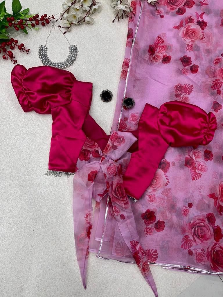 Light Pink Color Organza Saree with Balloon Sleeve Blouse Clothsvilla
