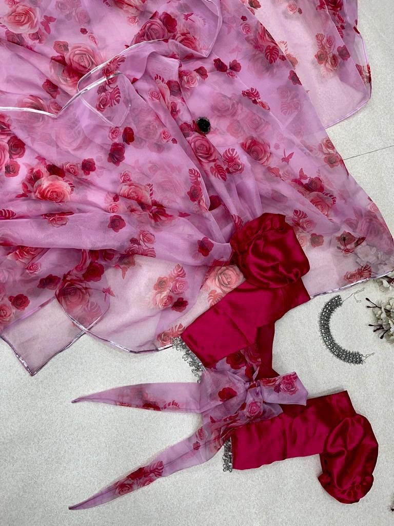 Light Pink Color Organza Saree with Balloon Sleeve Blouse Clothsvilla