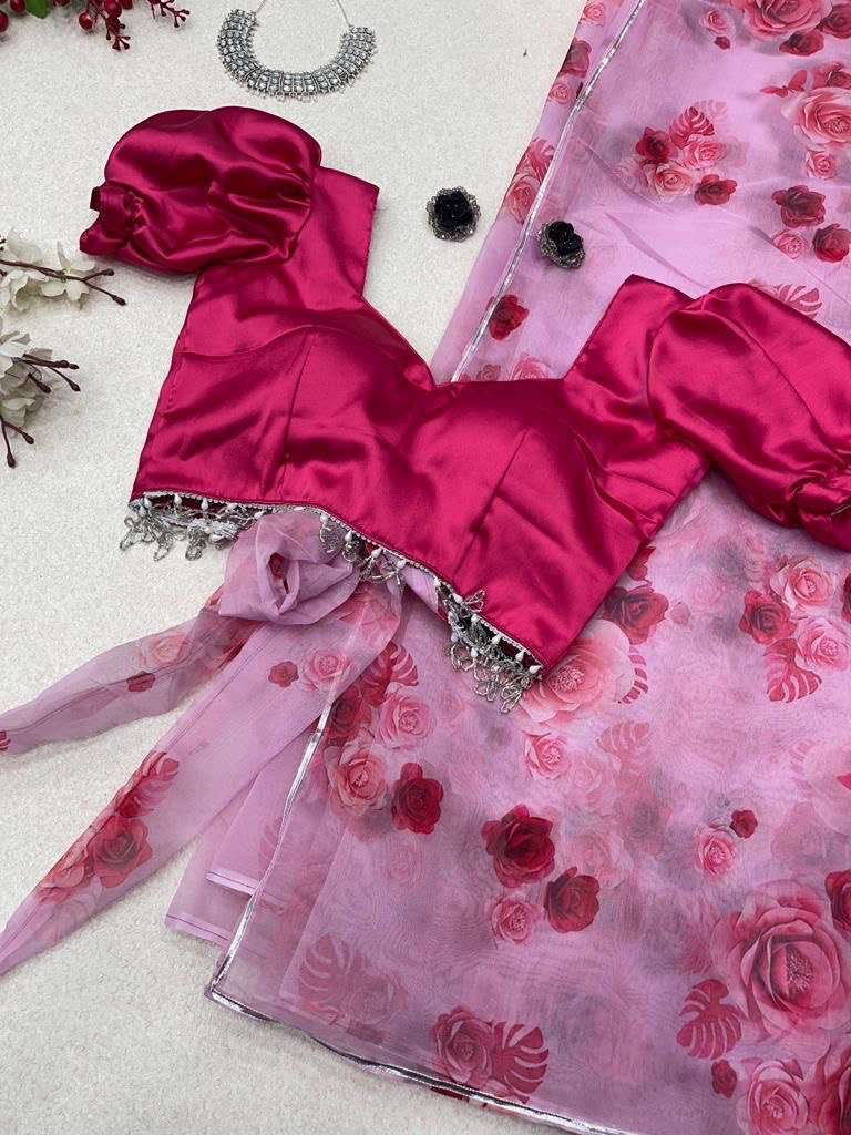 Light Pink Color Organza Saree with Balloon Sleeve Blouse Clothsvilla