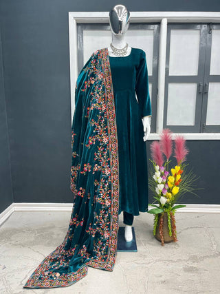 Designer Teal Blue Color Velvet Salwar Suit With Embroidery Work Velvet Dupatta Clothsvilla