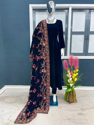 Designer Navy Blue Color Velvet Salwar Suit With Embroidery Work Velvet Dupatta Clothsvilla