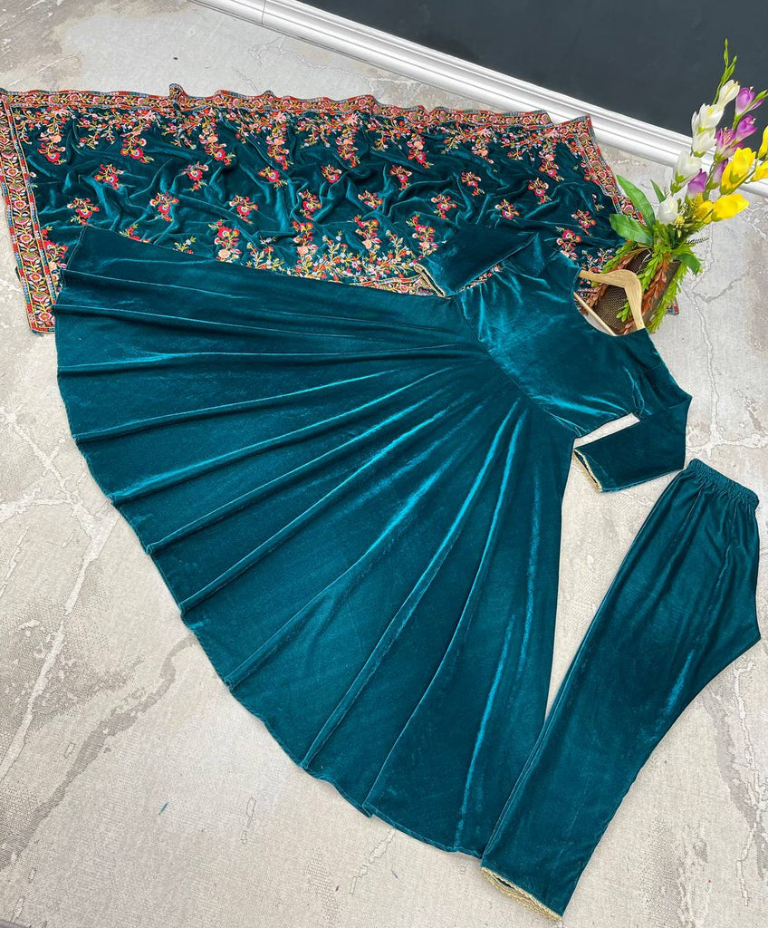 Designer Teal Blue Color Velvet Salwar Suit With Embroidery Work Velvet Dupatta Clothsvilla