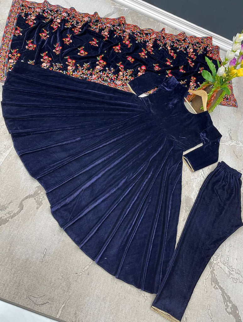Designer Navy Blue Color Velvet Salwar Suit With Embroidery Work Velvet Dupatta Clothsvilla