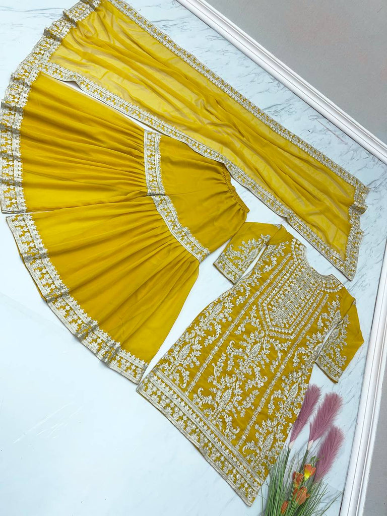 Glorious Yellow Color Embroidered Sharara Suit Clothsvilla