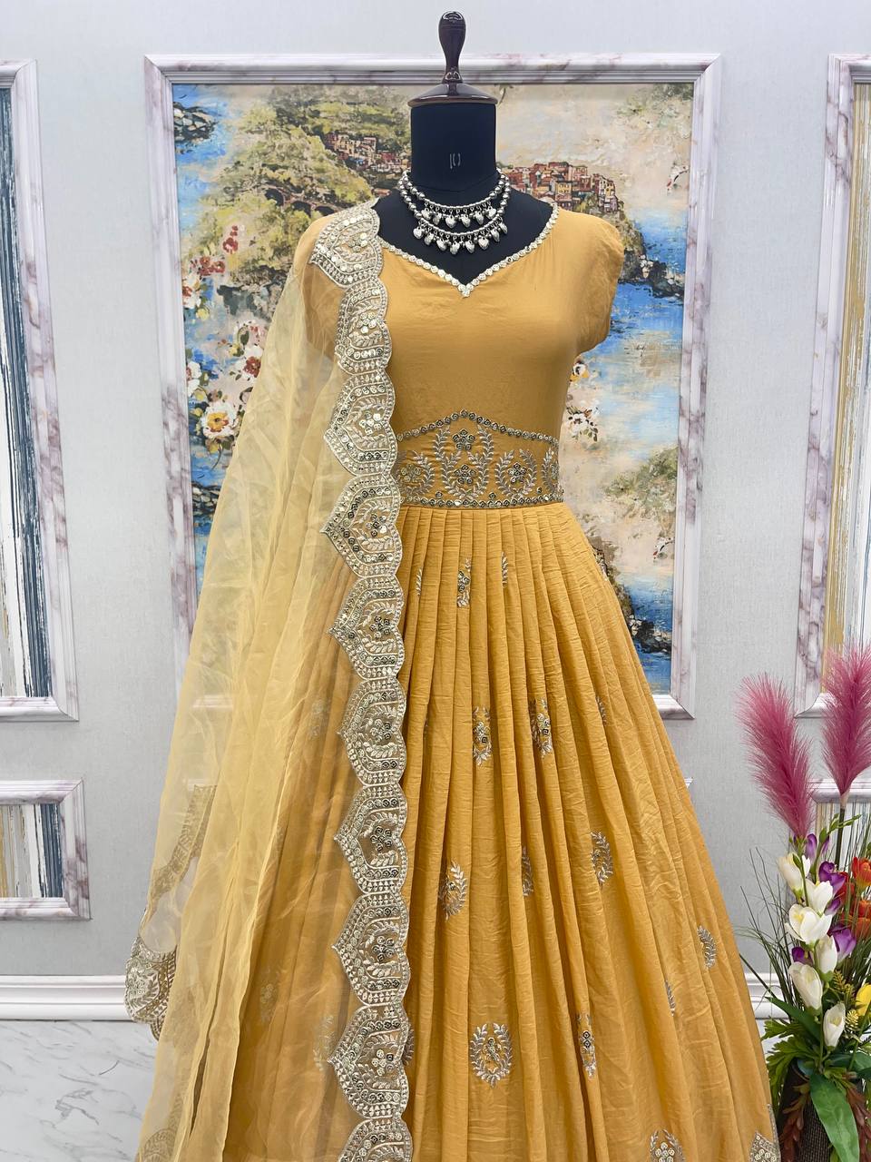 Captivating  Mustard Color Sequence Work Silk Gown Clothsvilla