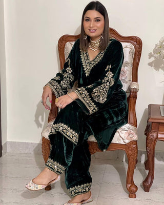 Opulent Fancy Bell Sleeve Green Color Velvet Salwar Suit Clothsvilla