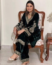Load image into Gallery viewer, Opulent Fancy Bell Sleeve Green Color Velvet Salwar Suit Clothsvilla