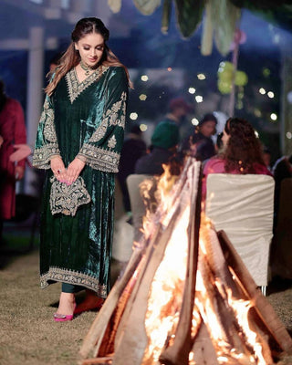 Opulent Fancy Bell Sleeve Green Color Velvet Salwar Suit Clothsvilla