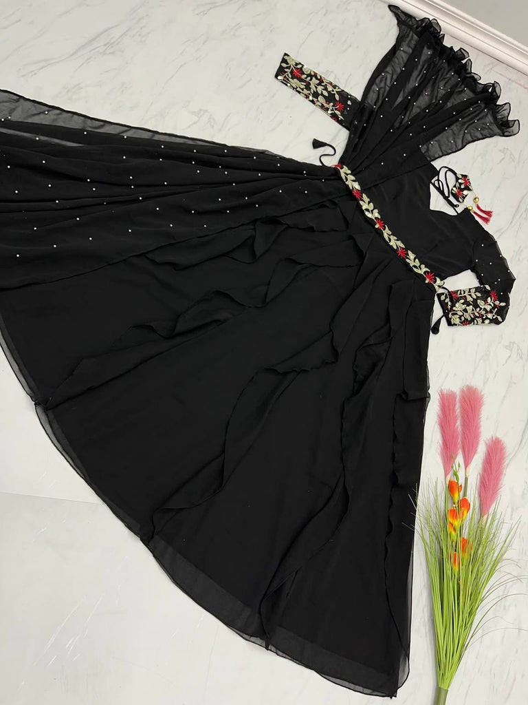 Ruffle Style Black Color Moti Work Gown Clothsvilla