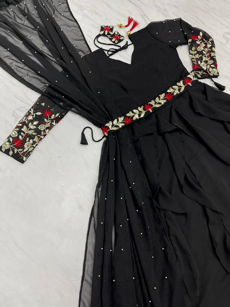 Ruffle Style Black Color Moti Work Gown Clothsvilla