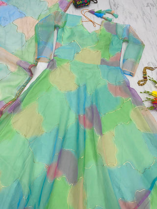 Multi Green Color Foil Digital Print Gown Clothsvilla