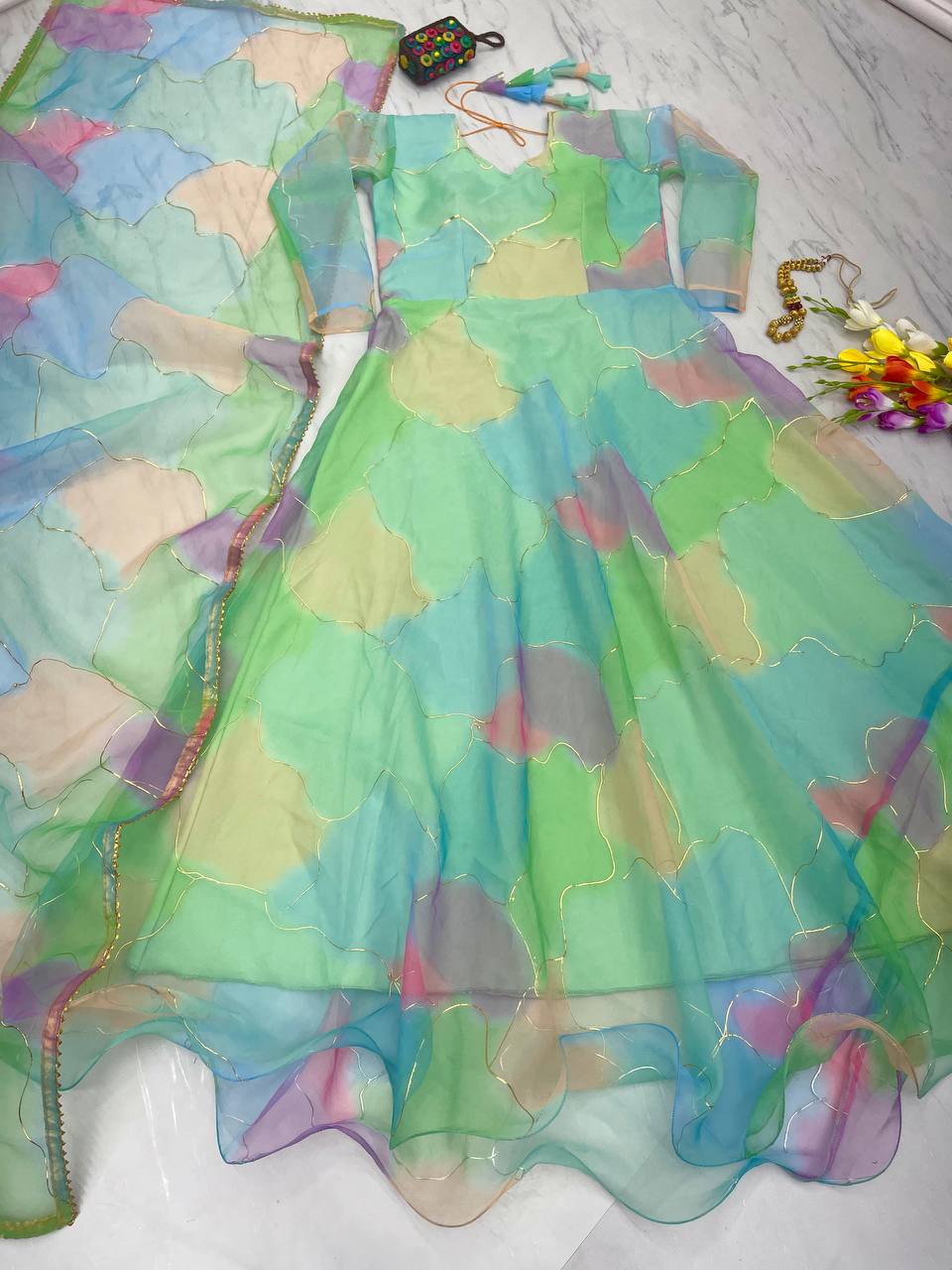 Multi Green Color Foil Digital Print Gown Clothsvilla Main image