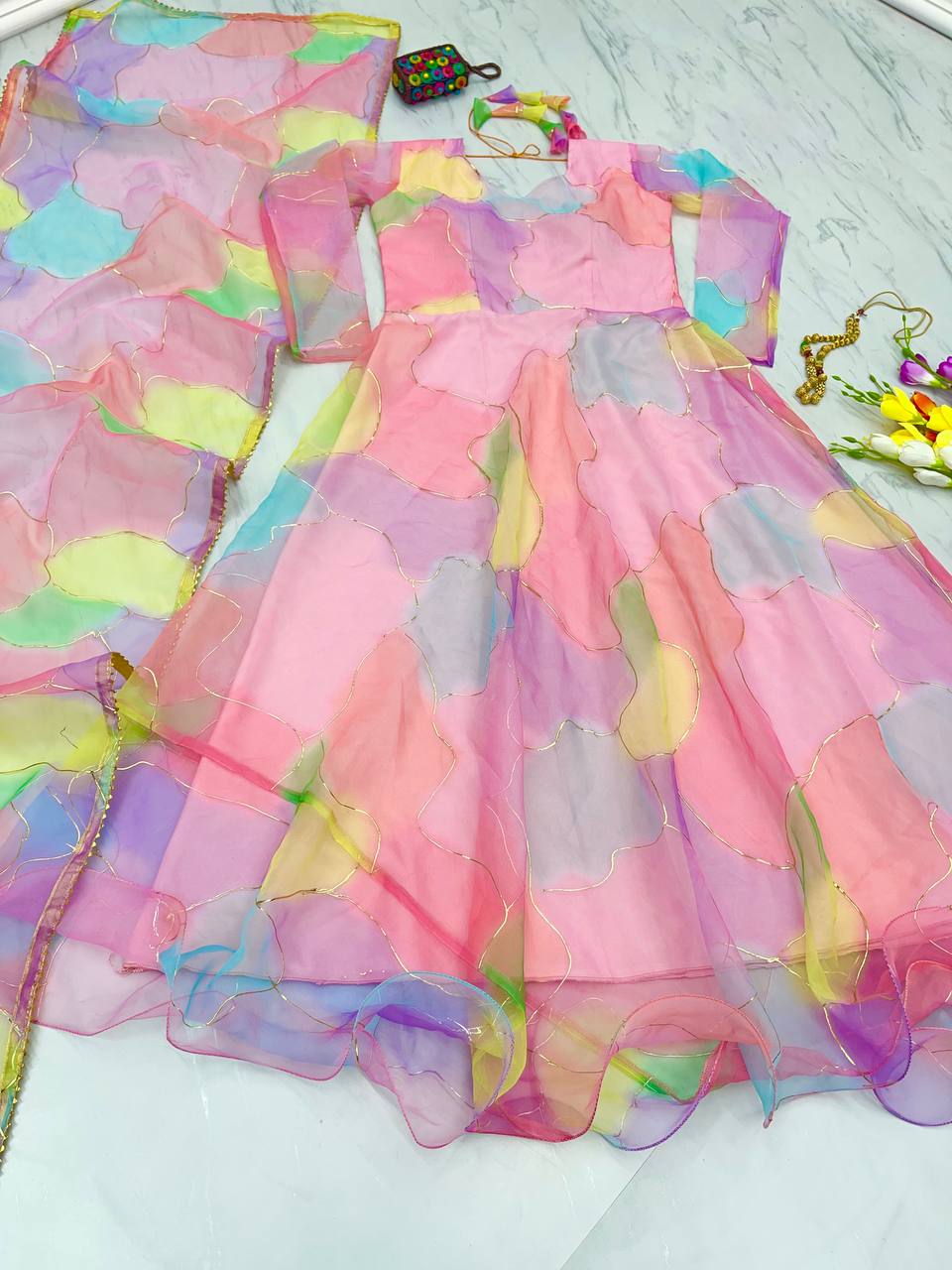 Multi Pink Color Foil Digital Print Gown Clothsvilla