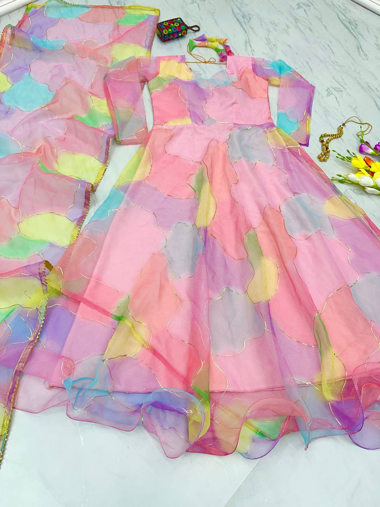 Multi Pink Color Foil Digital Print Gown Clothsvilla