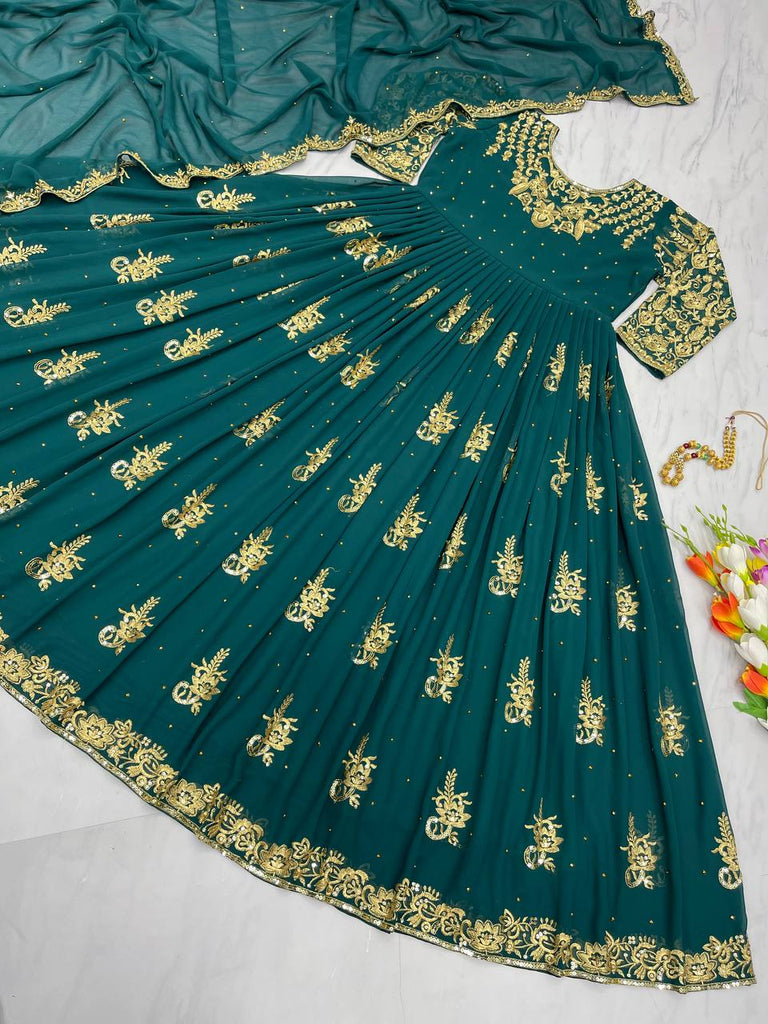 Amazing Teal Green Embroidery Work Gown Clothsvilla