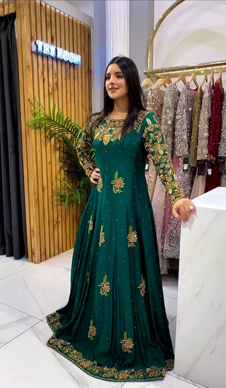 Amazing Teal Green Embroidery Work Gown Clothsvilla