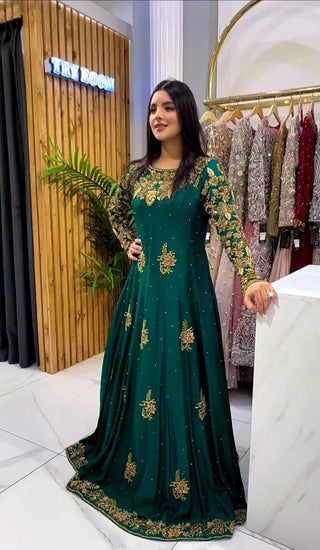 Amazing Teal Green Embroidery Work Gown Clothsvilla