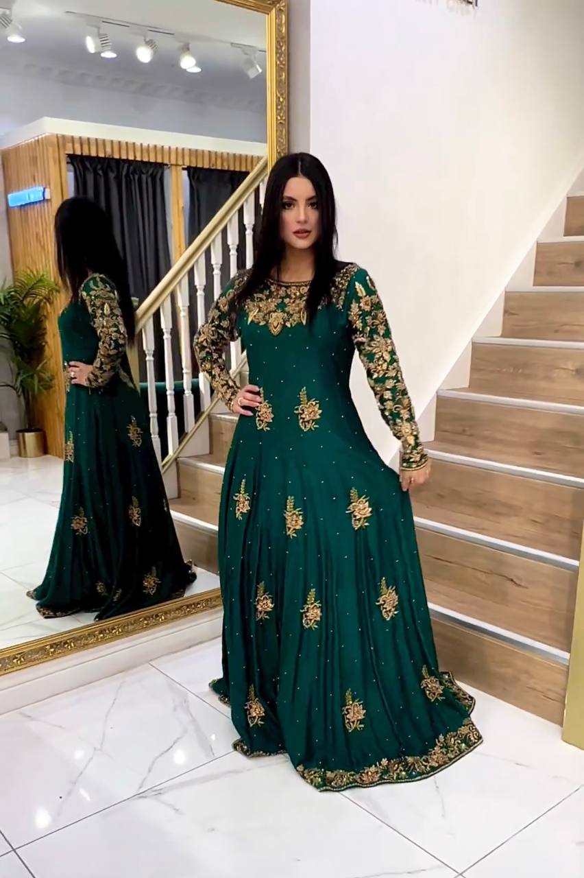 Amazing Teal Green Embroidery Work Gown Clothsvilla