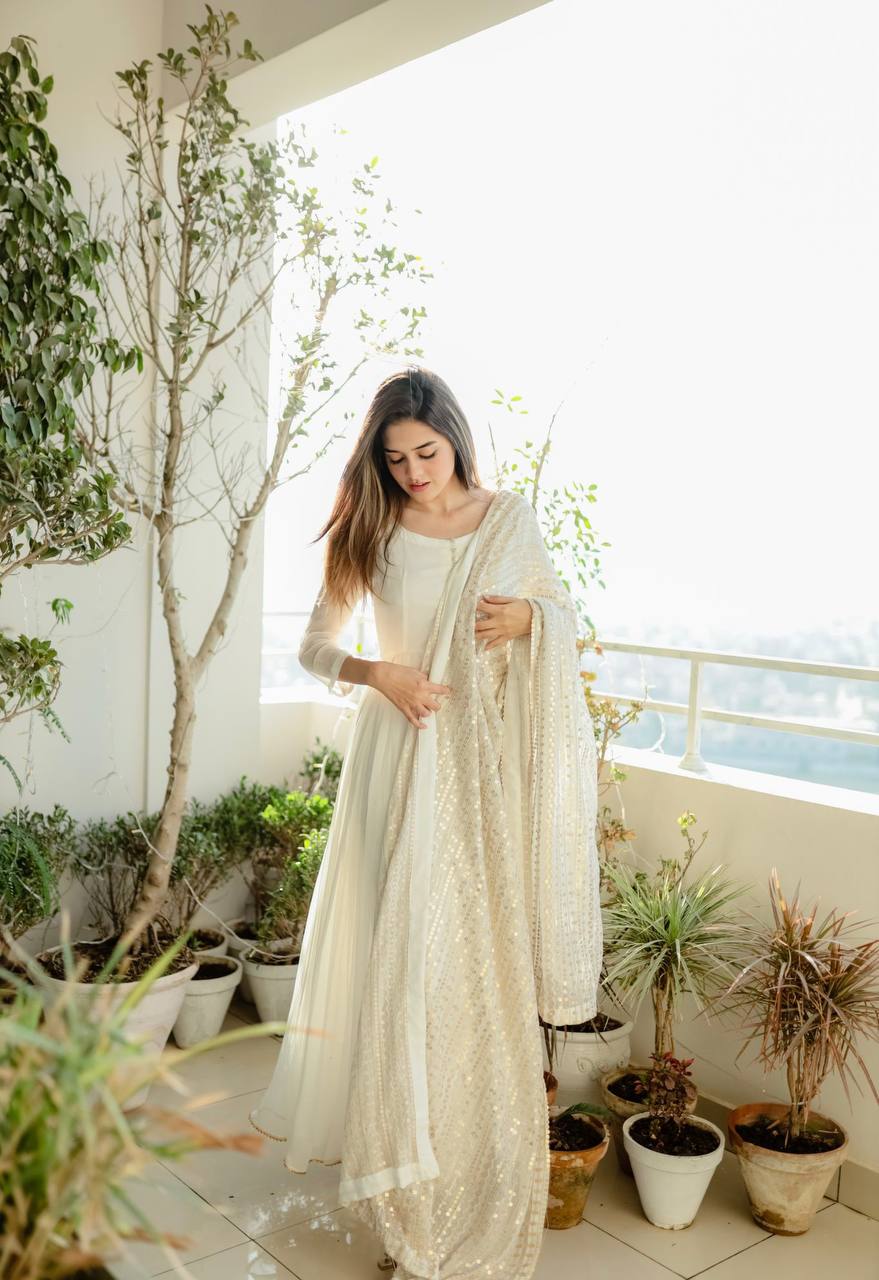 Festive Wear White Color Georgette Gown Clothsvilla