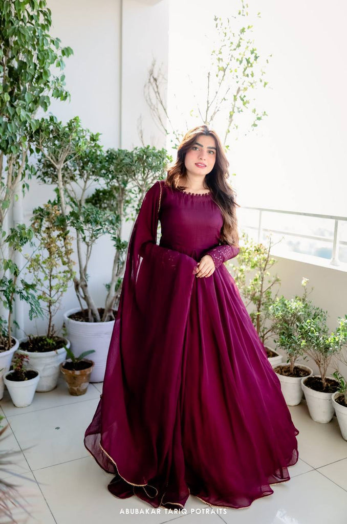 Full Sleeve With Potli Button Wine Color Gown Clothsvilla