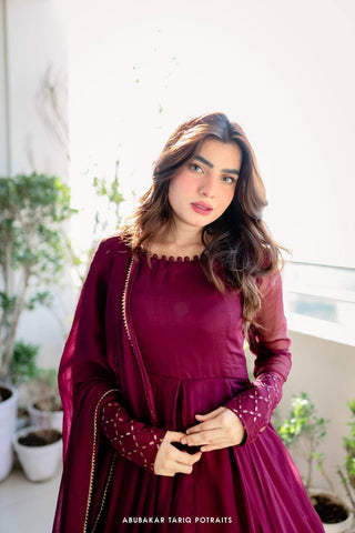 Full Sleeve With Potli Button Wine Color Gown Clothsvilla