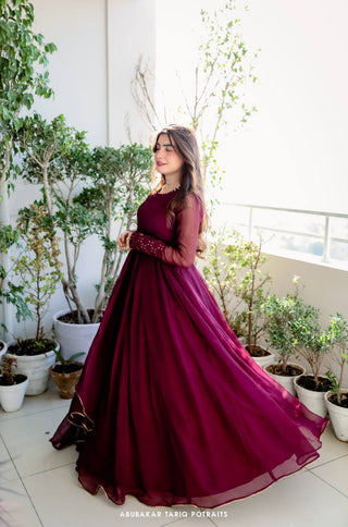 Full Sleeve With Potli Button Wine Color Gown Clothsvilla