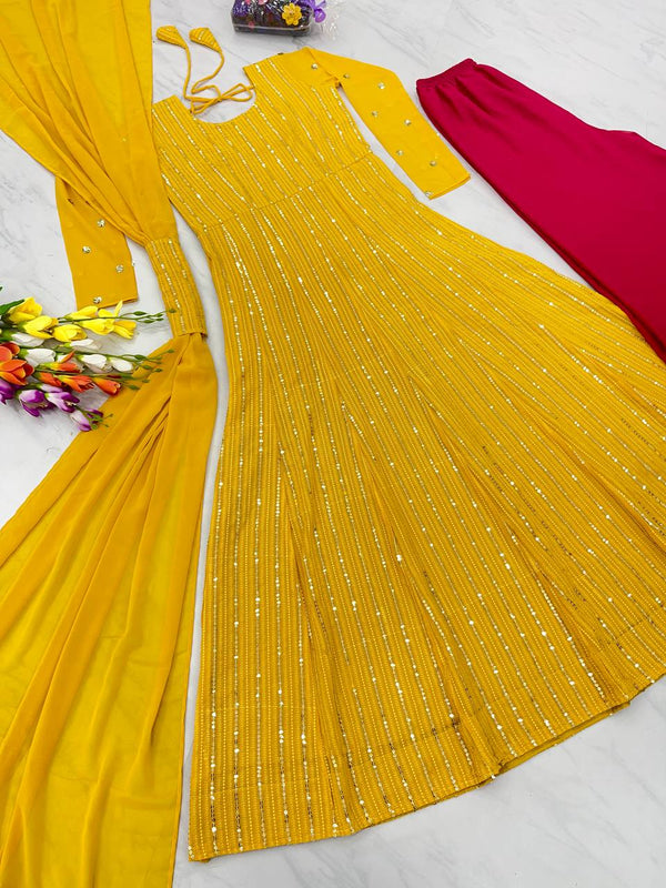 Fabulous Yellow Color Sequence Work Nayra Cut Top With Palazzo Clothsvilla