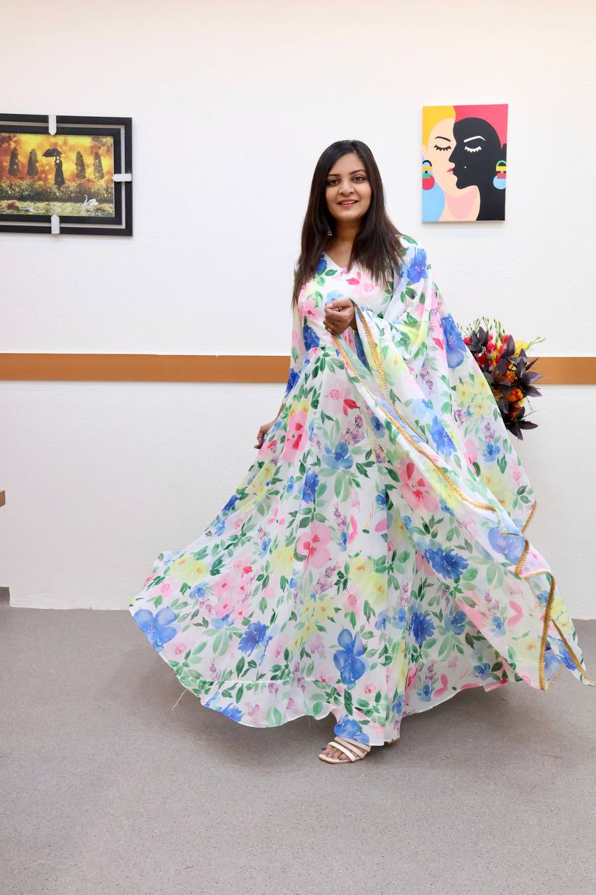 White Anarkali Gown in Faux Georgette with Digital Floral Print Work Clothsvilla