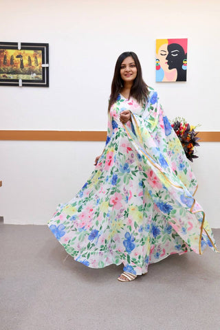 White Anarkali Gown in Faux Georgette with Digital Floral Print Work Clothsvilla