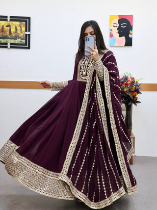 Wine Anarkali Gown in Faux Georgette with Embroidery Work Clothsvilla