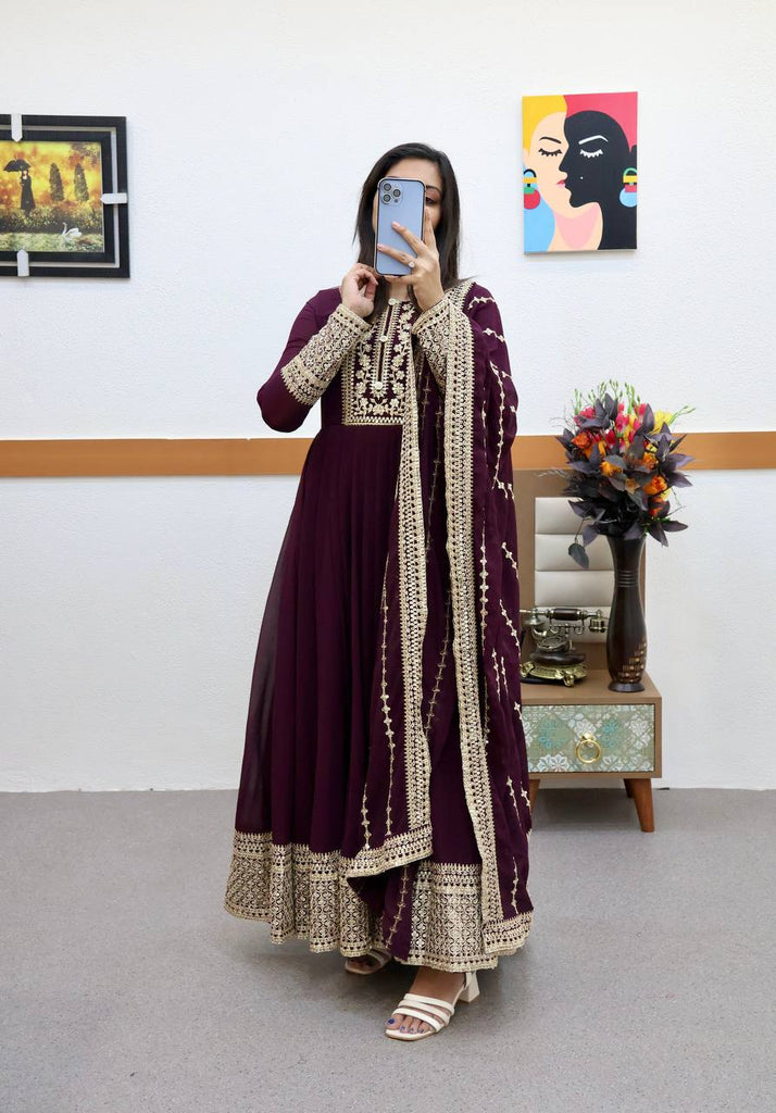 Wine Anarkali Gown in Faux Georgette with Embroidery Work Clothsvilla