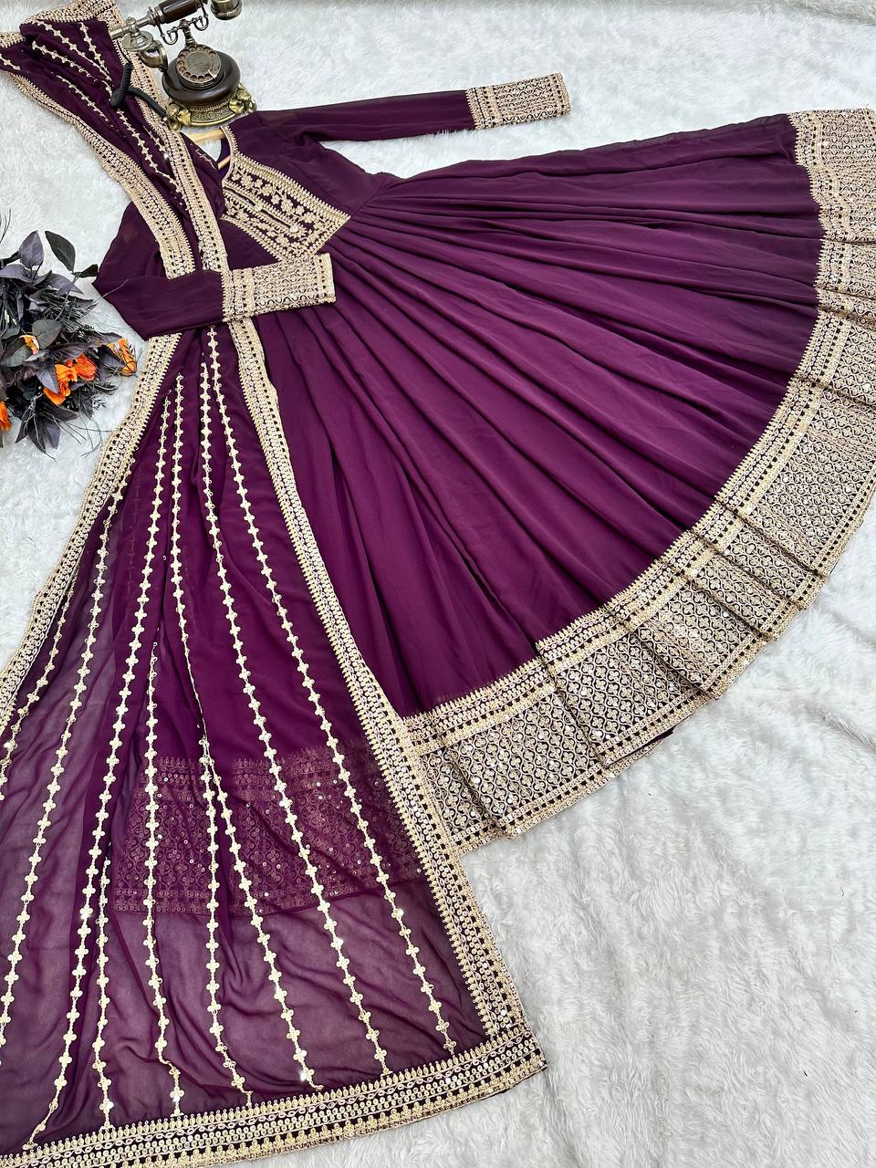 Wine Anarkali Gown in Faux Georgette with Embroidery Work Clothsvilla