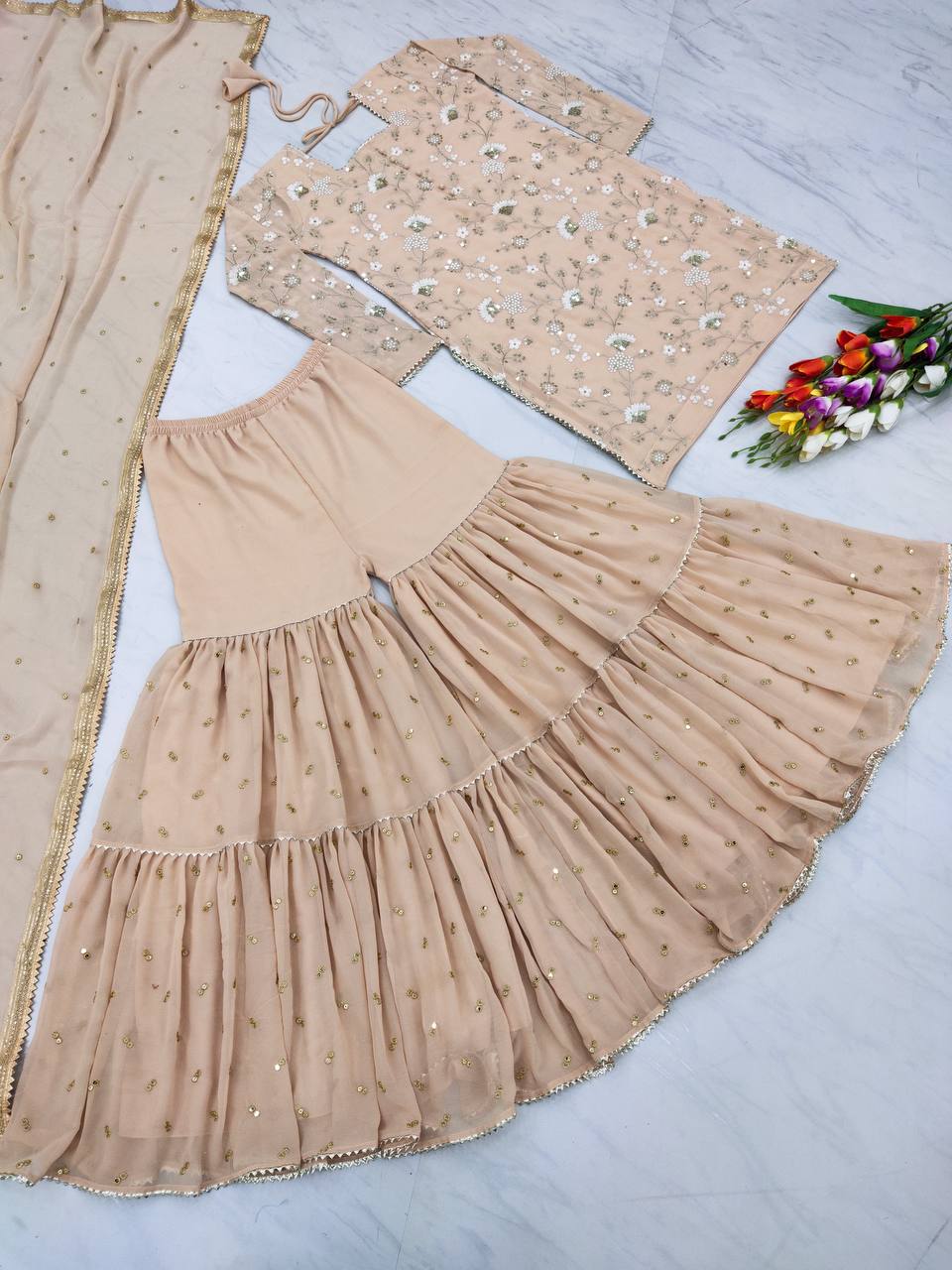 Graceful Beige Color Embroidery Sequence Work Sharara Suit Clothsvilla