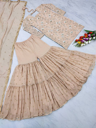 Graceful Beige Color Embroidery Sequence Work Sharara Suit Clothsvilla