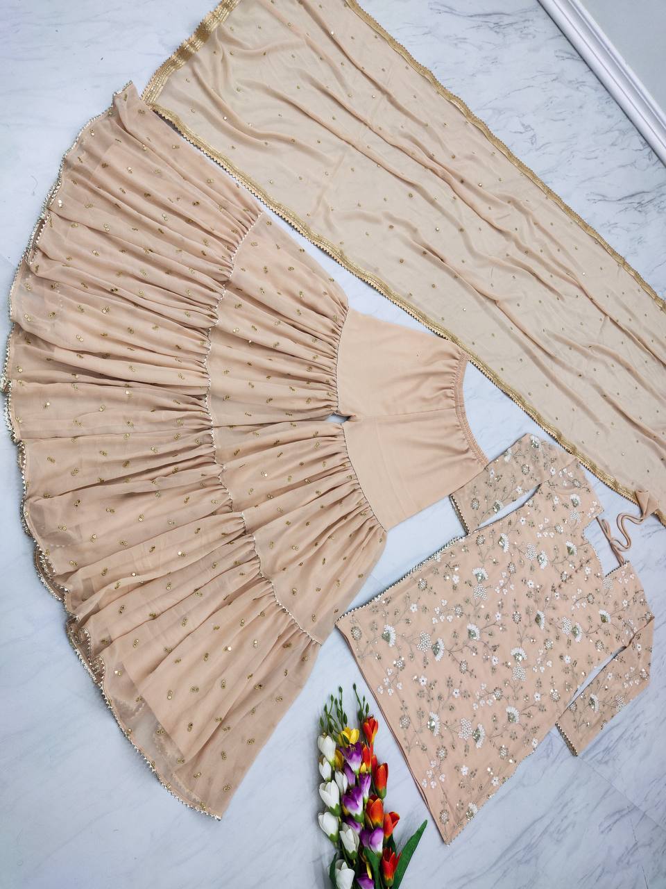 Graceful Beige Color Embroidery Sequence Work Sharara Suit Clothsvilla