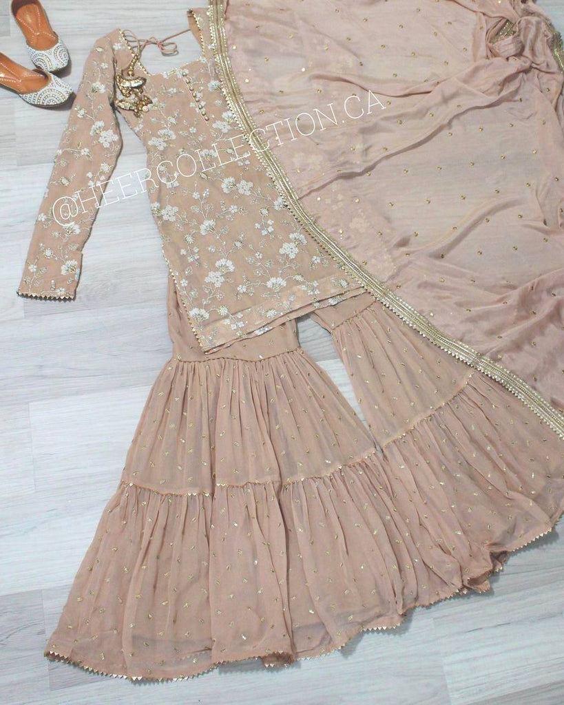 Graceful Beige Color Embroidery Sequence Work Sharara Suit Clothsvilla