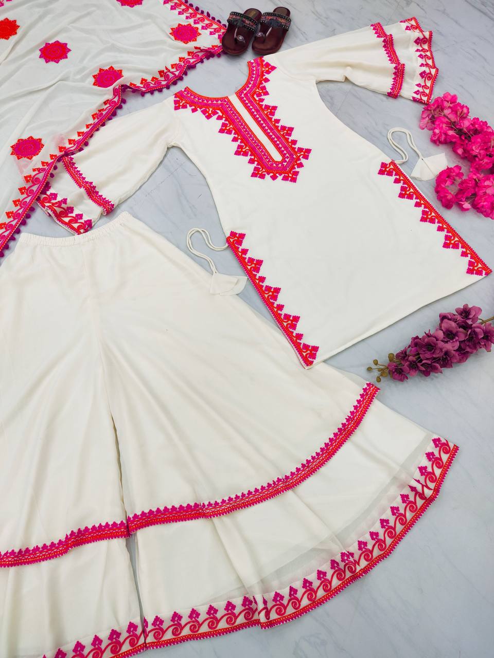 Pink Thread Work Off White Color Top With Sharara Clothsvilla