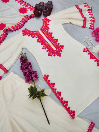 Pink Thread Work Off White Color Top With Sharara Clothsvilla