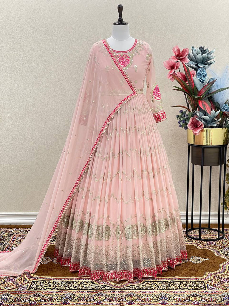 Buy Peach Pink Stonework Net Designer Gown - Koskii