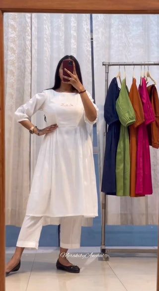 Casual Wear White Color Thread Work Pant With Long Top Clothsvilla