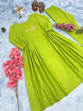 Decent Green Color Thread Work Pant With Long Top Clothsvilla