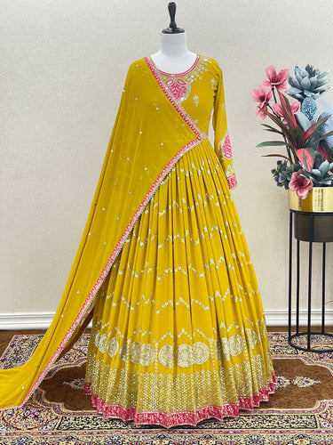 Women and girls' new yellow color gown with dupatta and belt for weddings,  functions, haldi, festivals