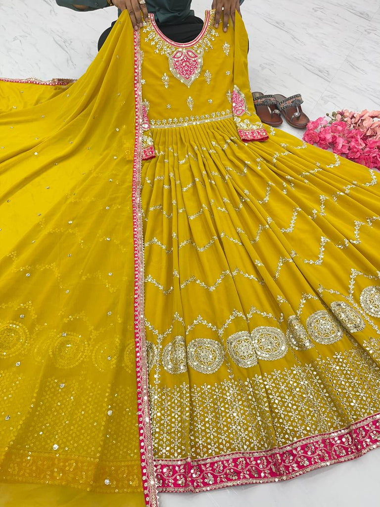 Haldi Wear Yellow Color Sequence Work Gown - Clothsvilla