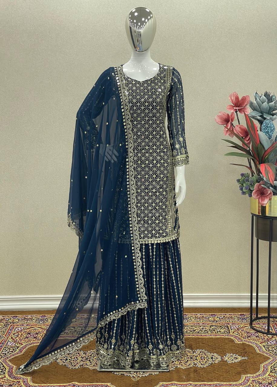 Attractive Teal Blue Color Sequence Work Sharara Suit Clothsvilla Main image