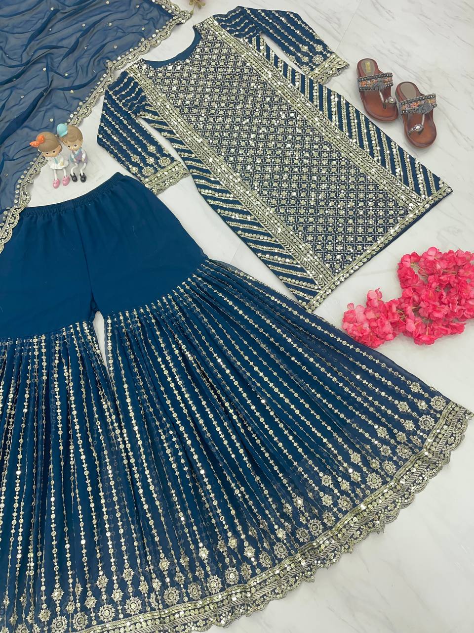 Attractive Teal Blue Color Sequence Work Sharara Suit Clothsvilla