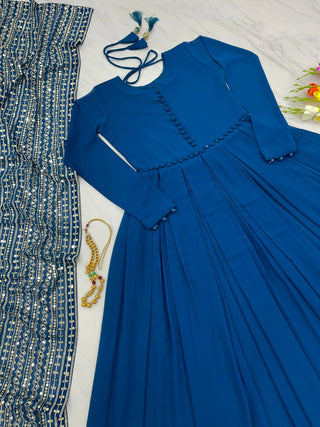 Teal Blue Color Gown With Heavy Sequence Work Dupatta Clothsvilla