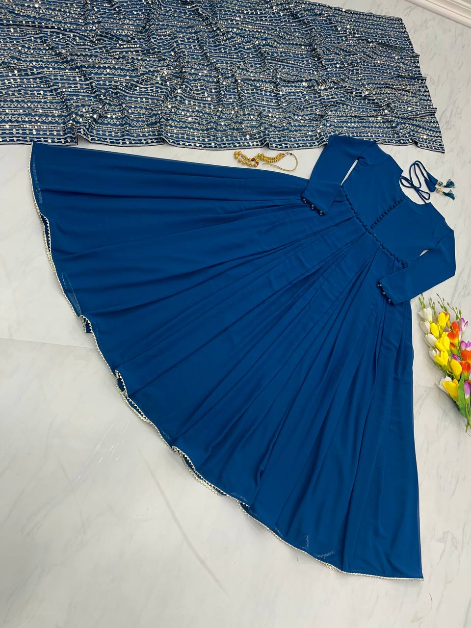 Teal Blue Color Gown With Heavy Sequence Work Dupatta Clothsvilla
