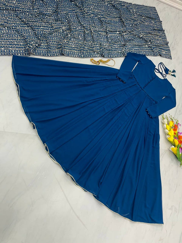 Teal Blue Color Gown With Heavy Sequence Work Dupatta Clothsvilla