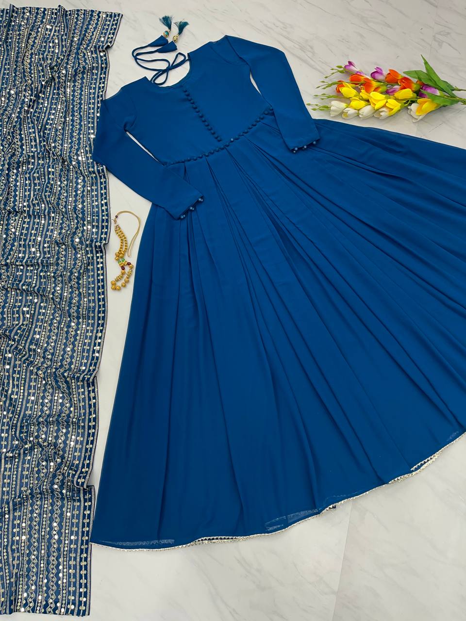 Teal Blue Color Gown With Heavy Sequence Work Dupatta Clothsvilla