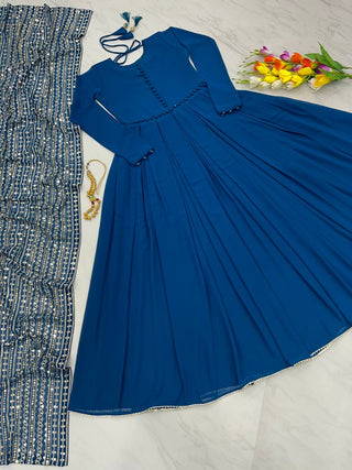 Teal Blue Color Gown With Heavy Sequence Work Dupatta Clothsvilla